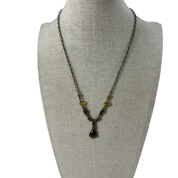 1928 Antiqued Brass Tone Necklace Green Rhinestones Amber Glass Teardrop Pendant - Picture 7 of 7